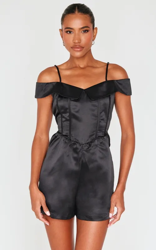Black Structured Satin Bardot Floaty Playsuit sold by Pretty Little Thing