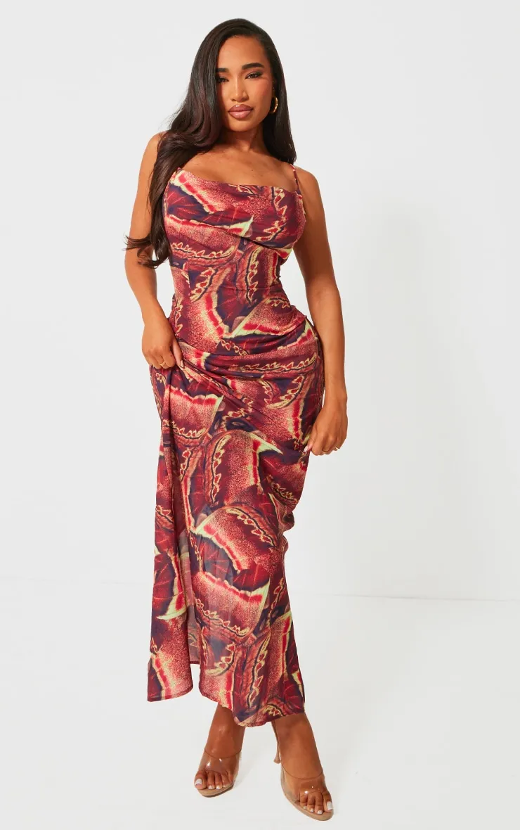 Shape Brown Printed Woven Cowl Neck Maxi Dress sold by Pretty Little Thing