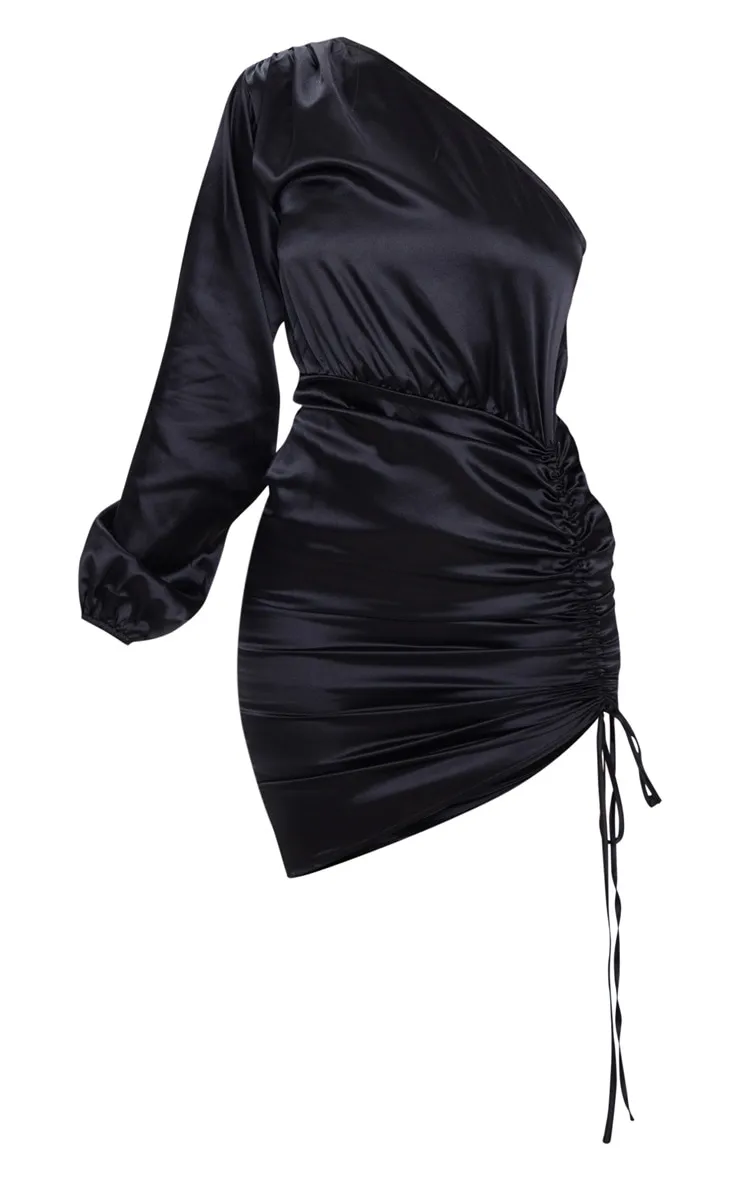 Black One Shoulder Ruched Satin Bodycon Dress sold by Pretty Little Thing product image thumbnail 3