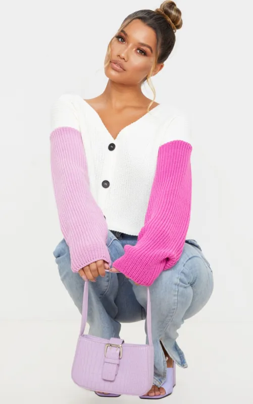 Pink Colour Block Button Up Cropped Cardigan sold by Pretty Little Thing