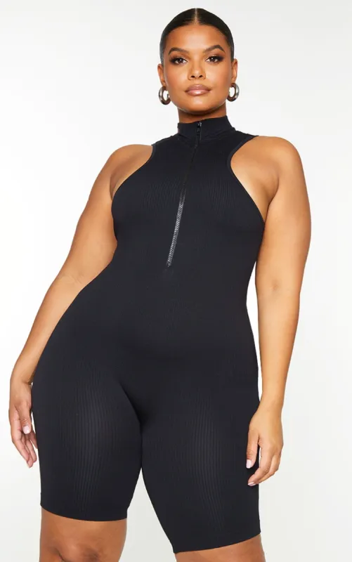 Plus Black Structured Contour Rib High Neck Unitard sold by Pretty Little Thing