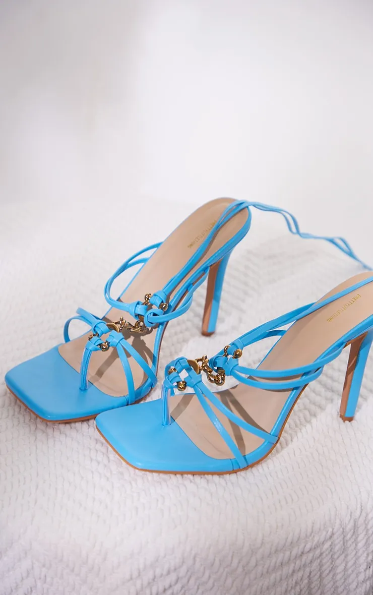 Blue Wide Fit PU Chain Detail Toe Thong Lace Up High Heeled Sandals sold by Pretty Little Thing product image thumbnail 3