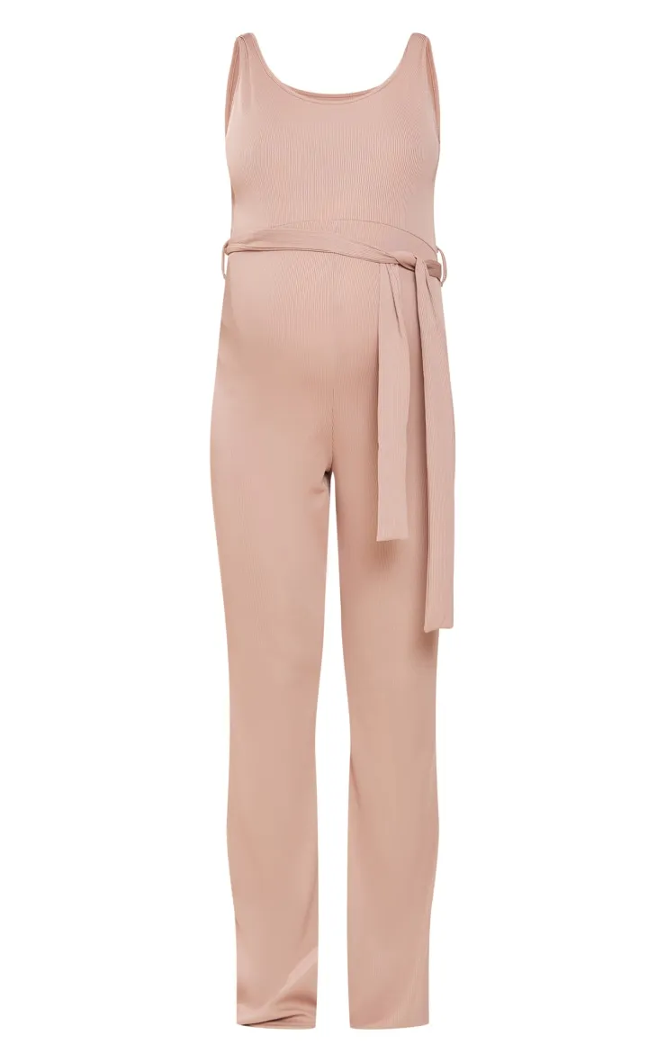 Maternity Oatmeal Ribbed Tie Waist Jumpsuit sold by Pretty Little Thing product image thumbnail 5