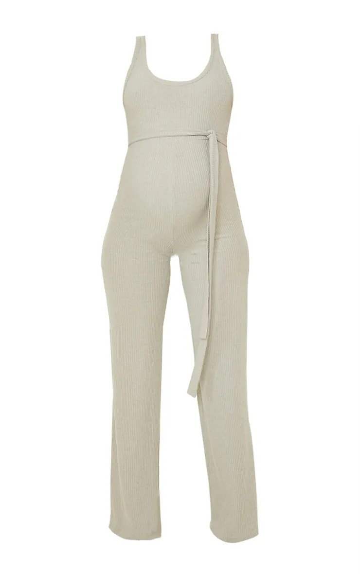 Maternity Sage Ribbed Tie Waist Jumpsuit sold by Pretty Little Thing product image thumbnail 4
