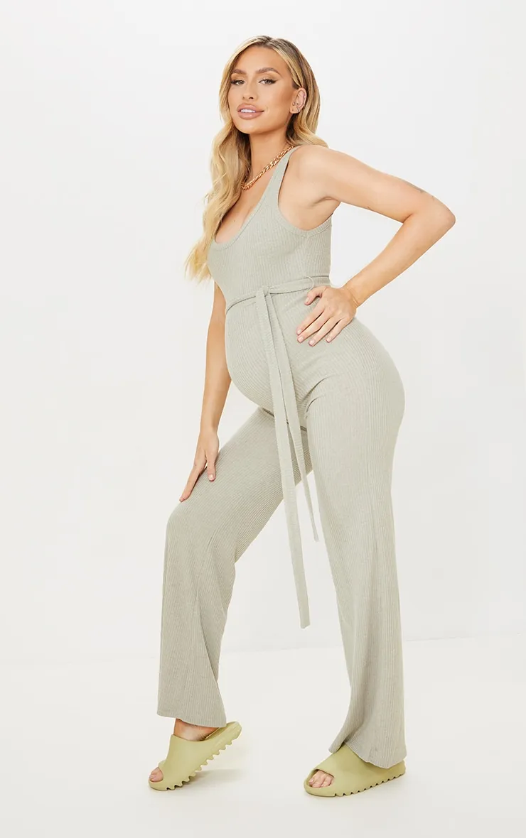 Maternity Sage Ribbed Tie Waist Jumpsuit sold by Pretty Little Thing product image thumbnail 5