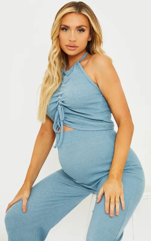 Maternity Blue Waffle Ruched Halter Crop Top sold by Pretty Little Thing