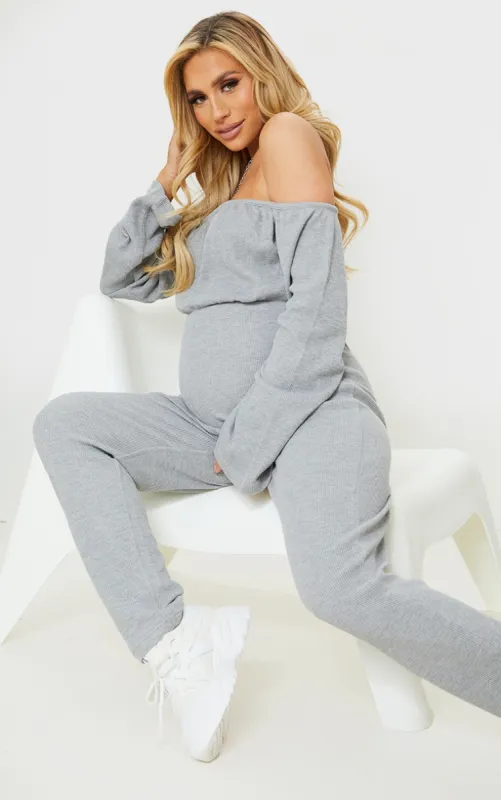 Maternity Grey Bardot Oversized Waffle Jumpsuit made by Pretty Little Thing