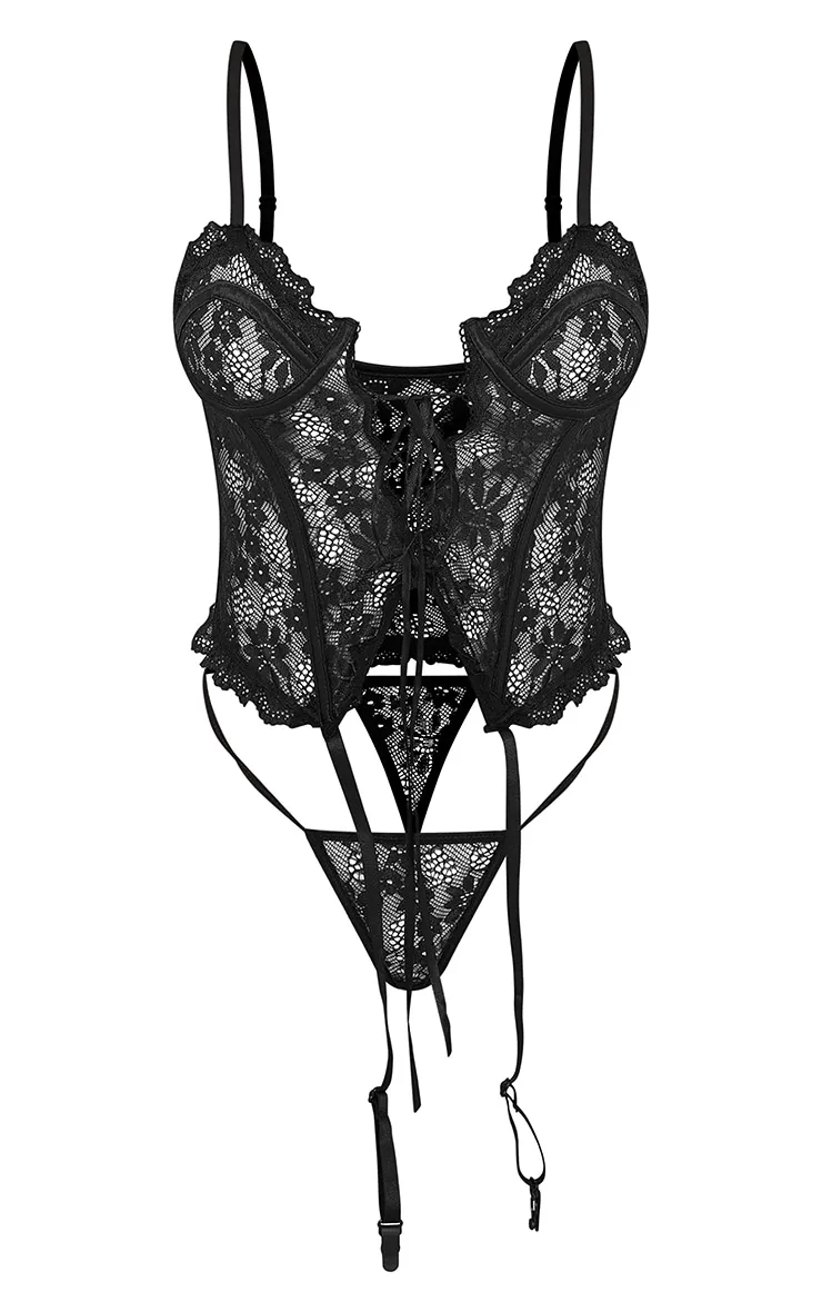 Black Floral Lace Lace Up Corset With Suspender And Thong sold by Pretty Little Thing product image thumbnail 5