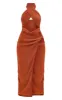 Chocolate Halterneck Knot Detail Slit Maxi Dress sold by Pretty Little Thing