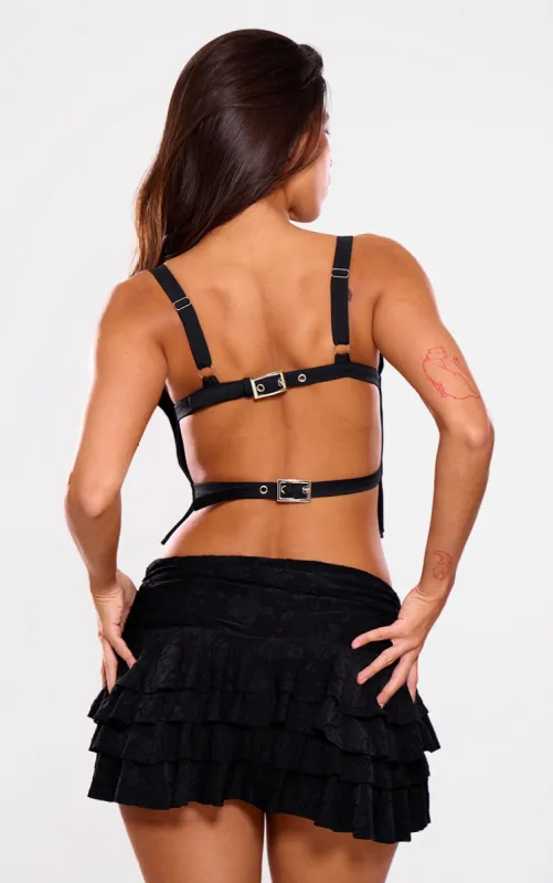 Black Backless Buckle Detail Crop Top sold by Pretty Little Thing