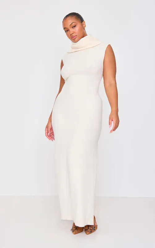 Plus Cream Brushed Rib Roll Neck Maxi Dress sold by Pretty Little Thing