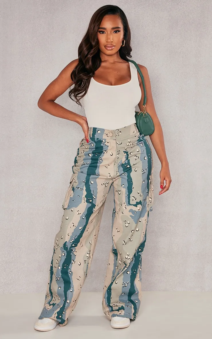Shape Dark Grey Camo Print Pocket Detail Wide Leg Cargo Trousers sold by Pretty Little Thing