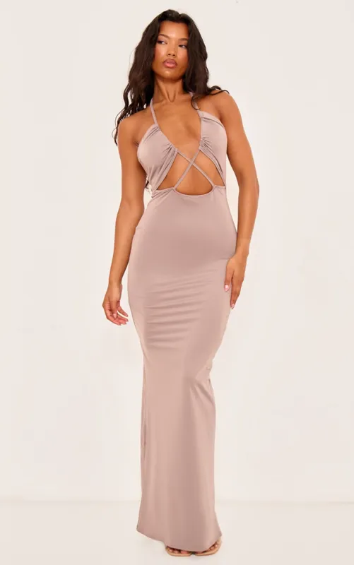 Taupe Soft Touch Halter Neck Cut Out Maxi Dress sold by Pretty Little Thing