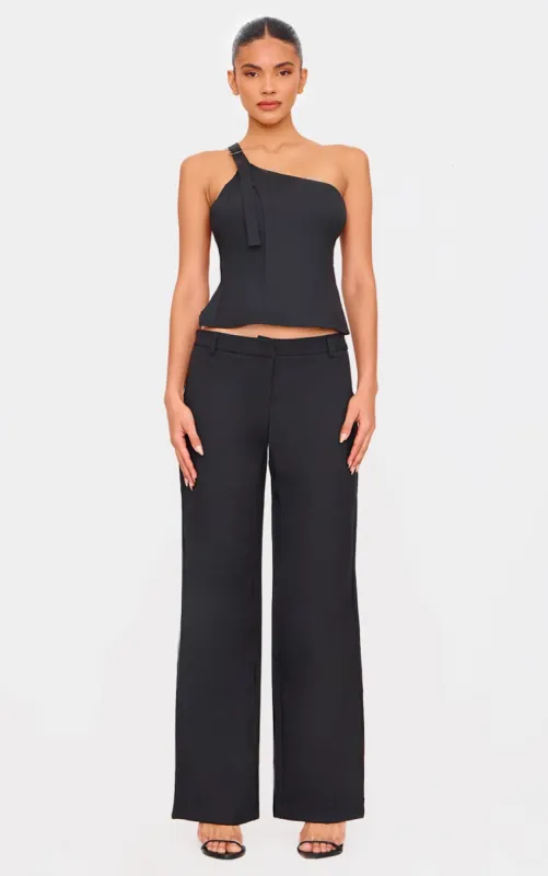 Black Woven Tailored Wide Leg Belt Detail Trousers sold by Pretty Little Thing