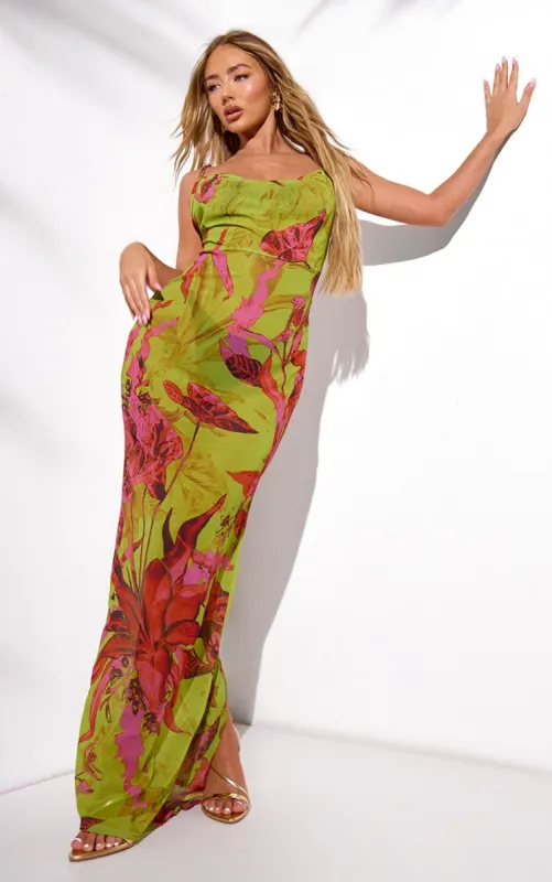 Green Abstract Floral Print Sheer Chiffon Lace Up Back Maxi Dress sold by Pretty Little Thing