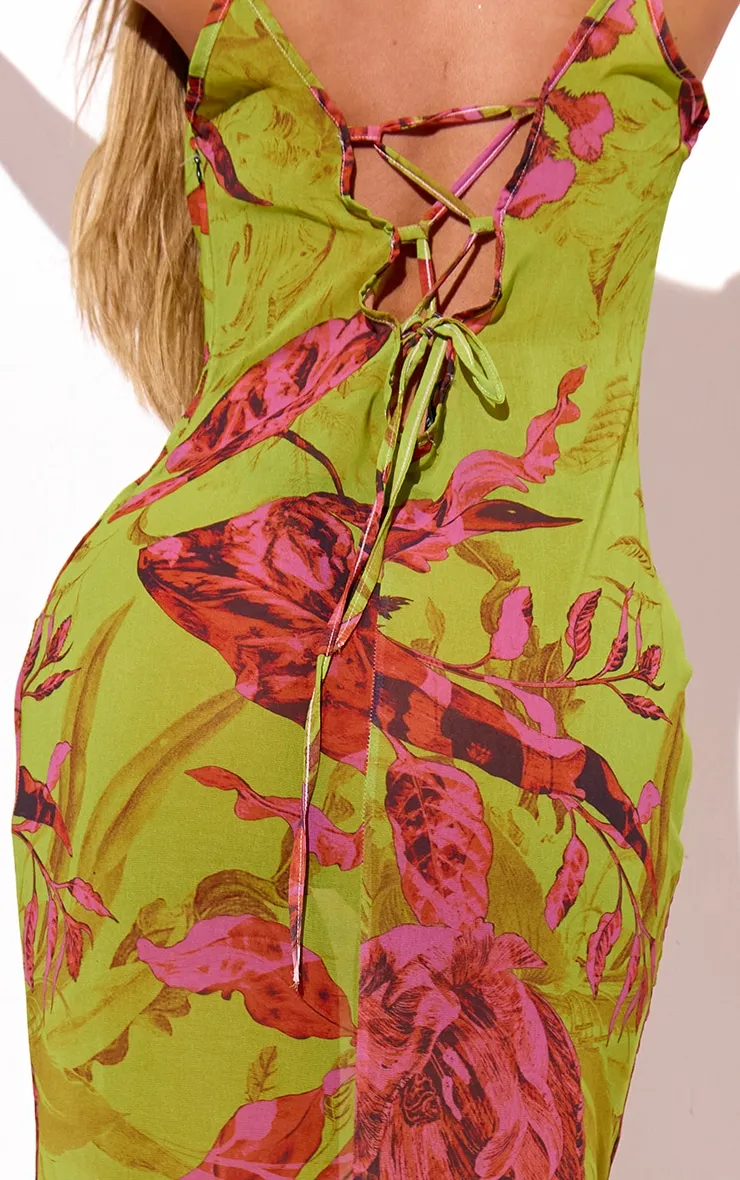 Green Abstract Floral Print Sheer Chiffon Lace Up Back Maxi Dress sold by Pretty Little Thing product image thumbnail 4