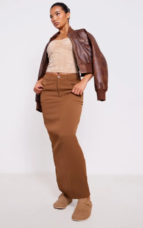 Tan Woven Split Back Maxi Skirt sold by Pretty Little Thing