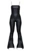 Black PU Strappy Split Hem Flared Jumpsuit sold by Pretty Little Thing