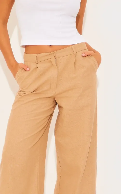 Taupe Structured Linen Look Tailored Wide Leg Trousers sold by Pretty Little Thing