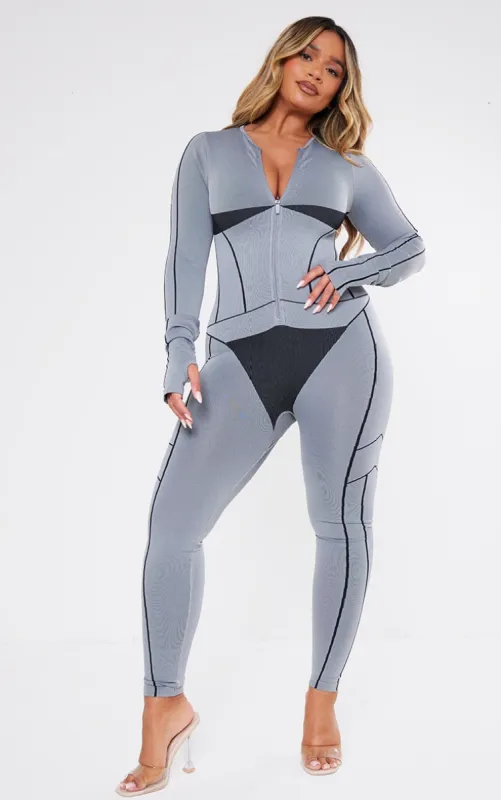 Shape Light Grey Seamless Contrast Long Sleeve Zip Through Jumpsuit sold by Pretty Little Thing