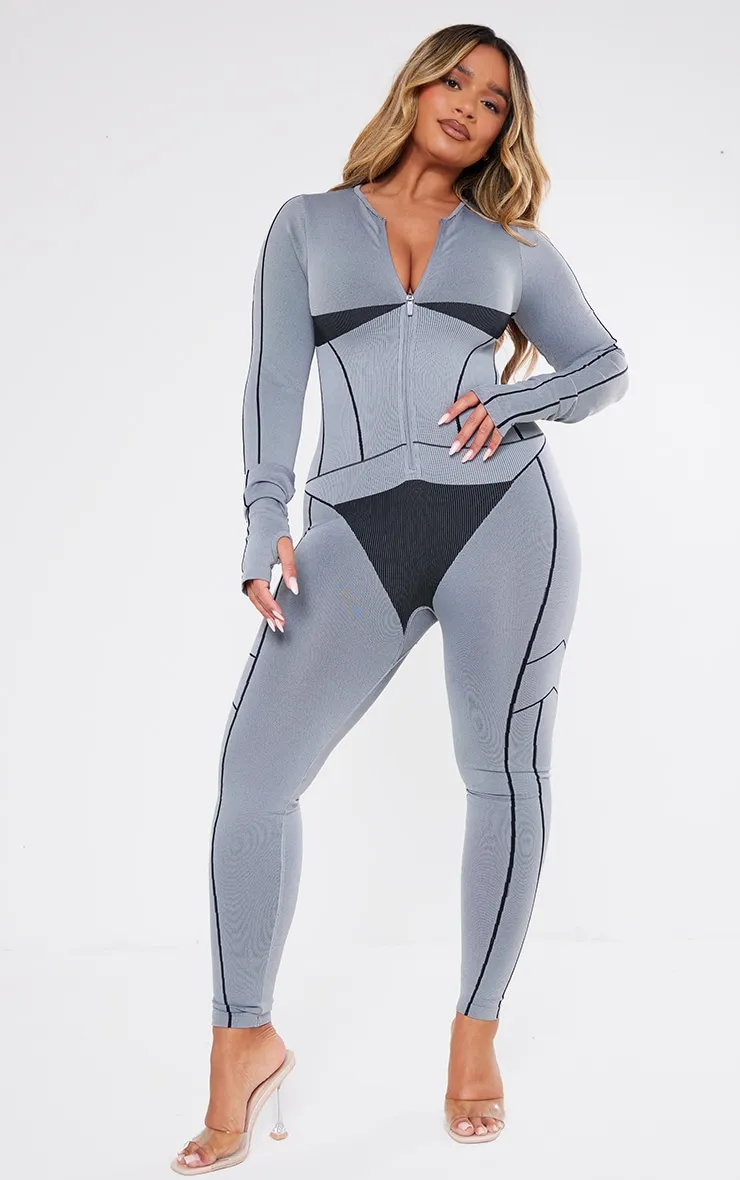 Shape Light Grey Seamless Contrast Long Sleeve Zip Through Jumpsuit sold by Pretty Little Thing
