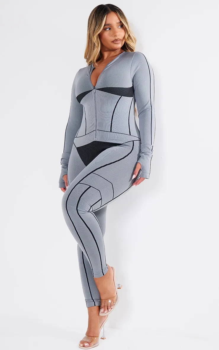 Shape Light Grey Seamless Contrast Long Sleeve Zip Through Jumpsuit sold by Pretty Little Thing product image thumbnail 3