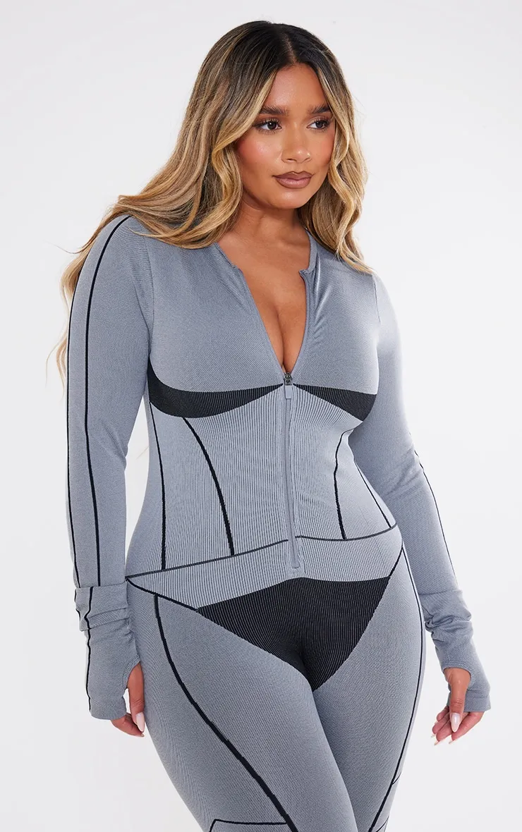 Shape Light Grey Seamless Contrast Long Sleeve Zip Through Jumpsuit sold by Pretty Little Thing product image thumbnail 4