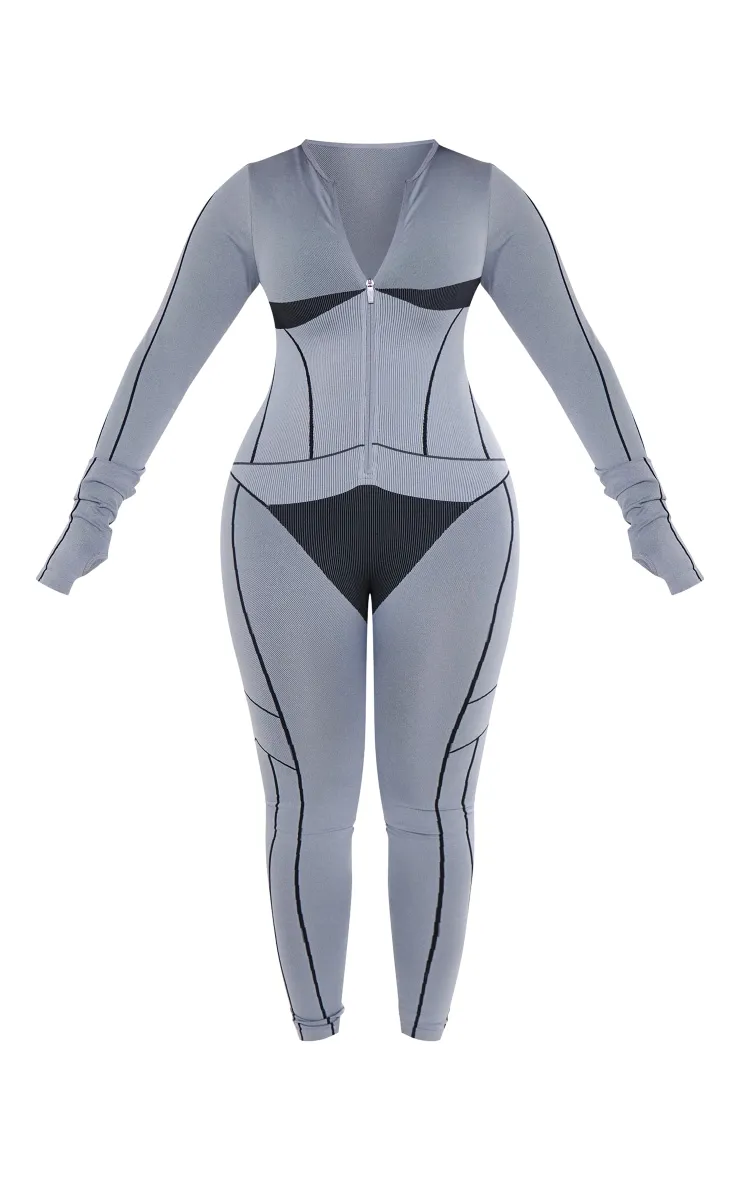 Shape Light Grey Seamless Contrast Long Sleeve Zip Through Jumpsuit sold by Pretty Little Thing product image thumbnail 5