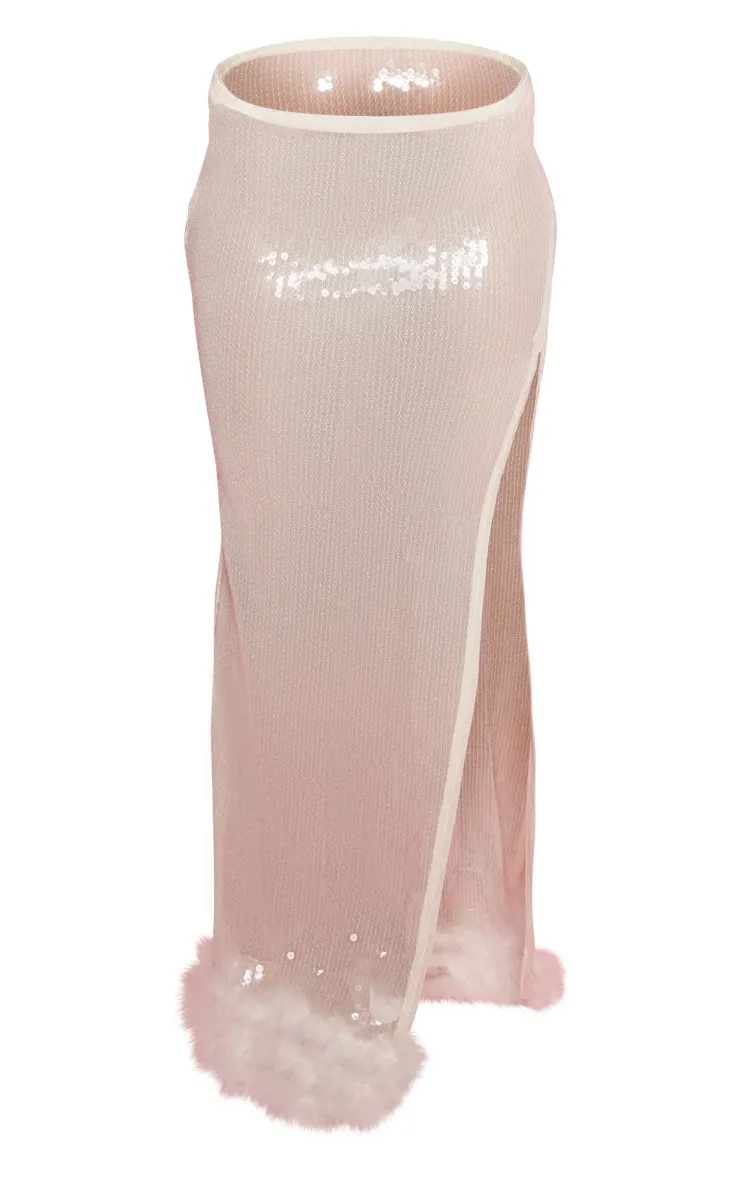 Premium White Sequin Faux Fur Trim Extreme Slit Maxi Skirt sold by Pretty Little Thing product image thumbnail 5