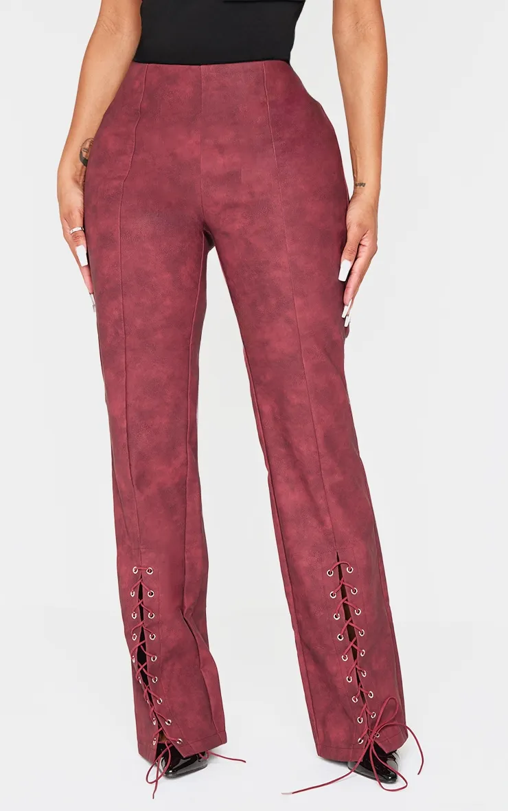 Shape Burgundy Faux Leather Lace Up Flare Trousers sold by Pretty Little Thing product image thumbnail 2