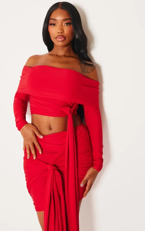  Shape Red Slinky Bardot Knot Side Crop Top sold by Pretty Little Thing