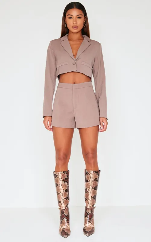 Mocha Tailored High Waist Shorts sold by Pretty Little Thing