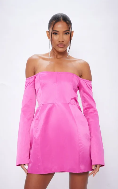 Fuschia Satin Corset Bardot Bodycon Dress made by Pretty Little Thing