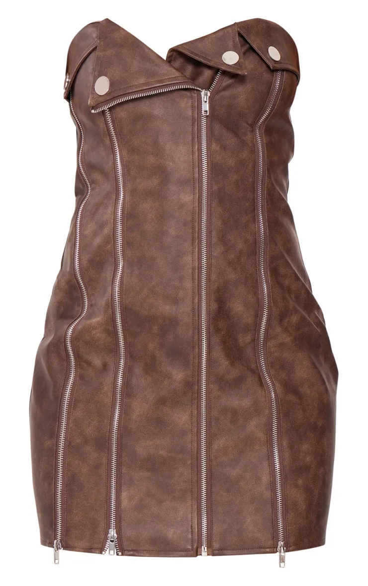 Brown Faux Leather Zip Detail Mini Dress sold by Pretty Little Thing product image thumbnail 5