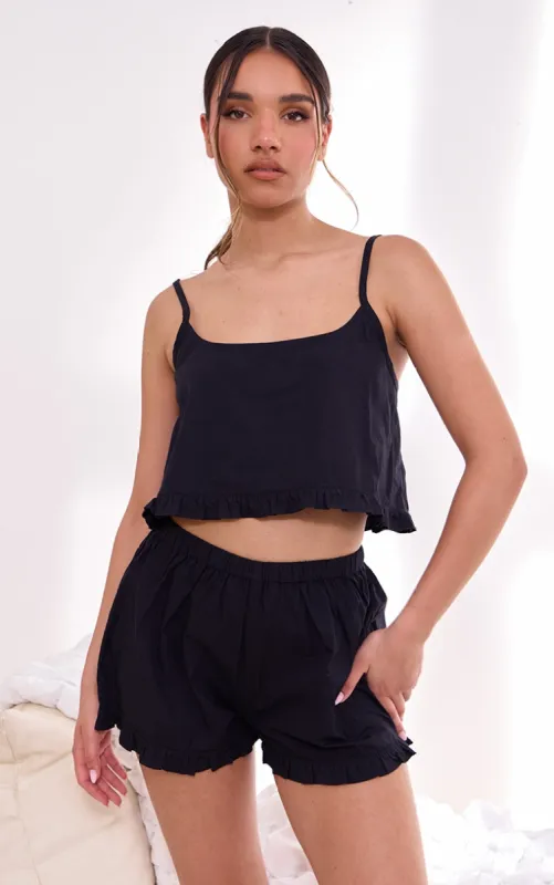 Black Woven Frill Edge Cami And Button Short Pj Set sold by Pretty Little Thing