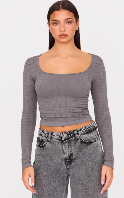 Charcoal Contour Pointelle Square Neck Long Sleeve Top made by Pretty Little Thing