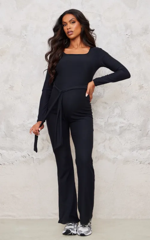 Maternity Black Soft Touch Tie Front Jumpsuit sold by Pretty Little Thing