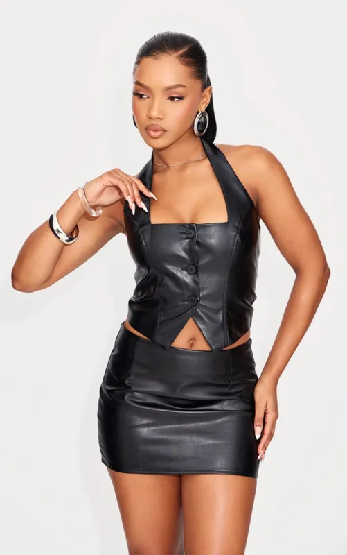 Black Faux Leather Halterneck Waistcoat sold by Pretty Little Thing