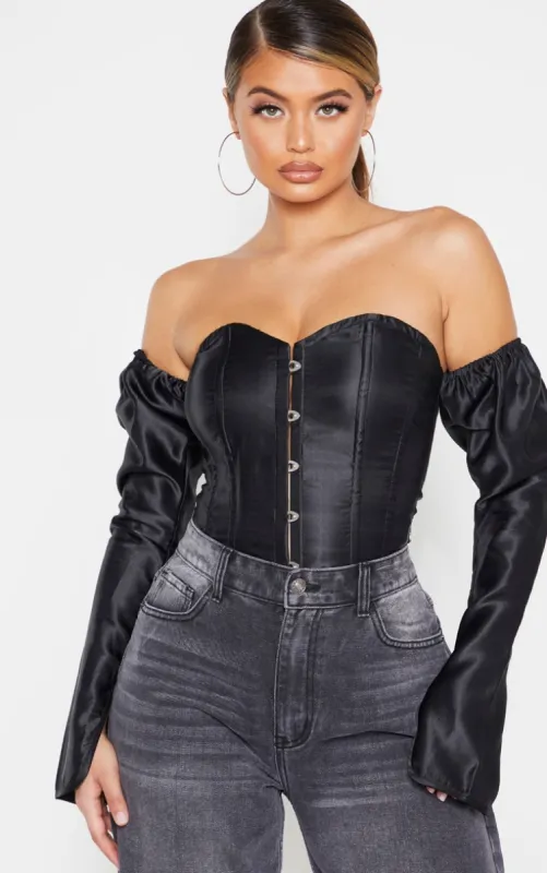 Black Satin Long Sleeve Bardot Corset Top sold by Pretty Little Thing