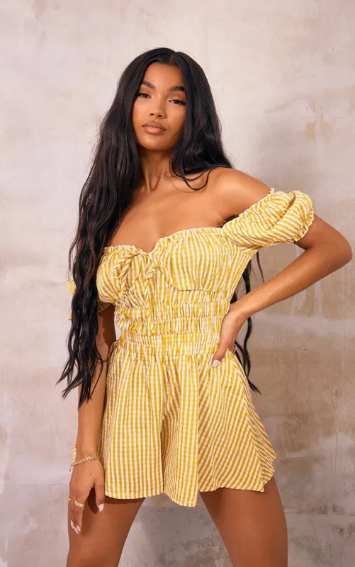 Lime Gingham Shirred Waist Puff Sleeve Playsuit sold by Pretty Little Thing
