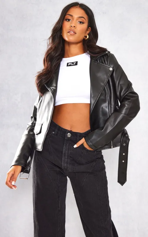 Tall Black Faux Leather Zip Detail Biker Jacket sold by Pretty Little Thing