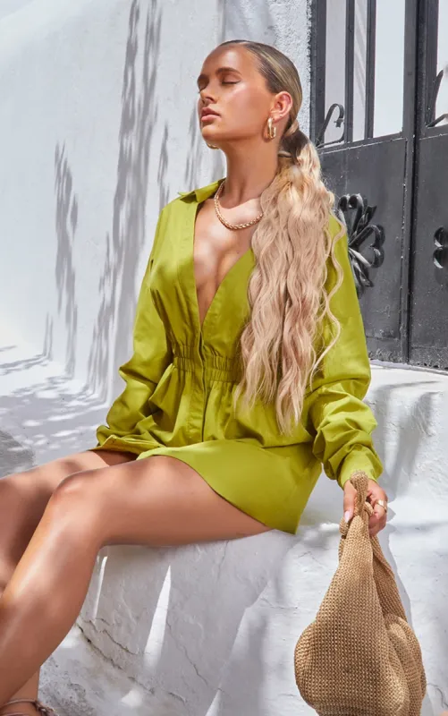 Olive Oversized Ruched Waist Shirt Dress sold by Pretty Little Thing