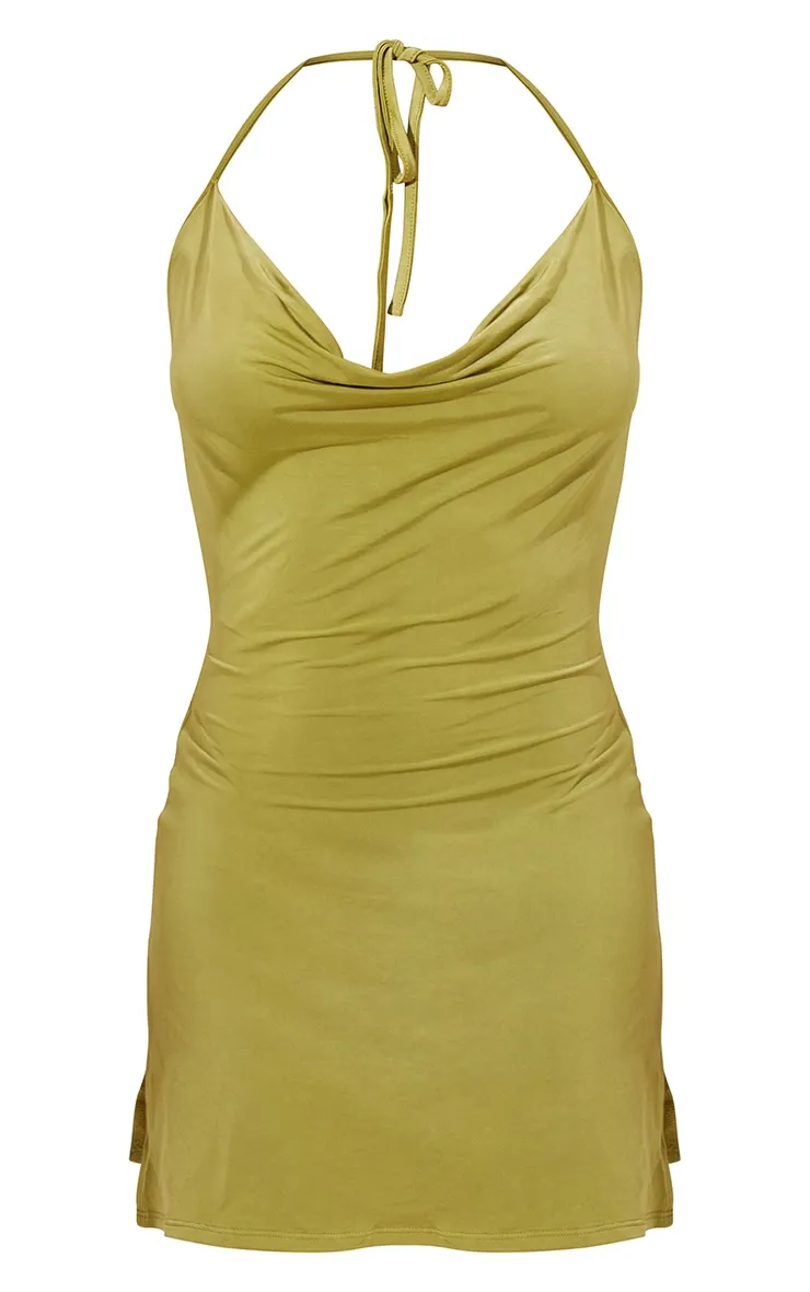 Olive Slinky Halterneck Cowl Bodycon Dress sold by Pretty Little Thing product image thumbnail 5