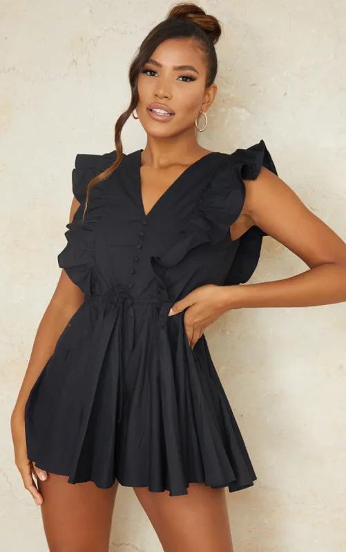 Black Poplin Button Detail Flare Short Playsuit sold by Pretty Little Thing