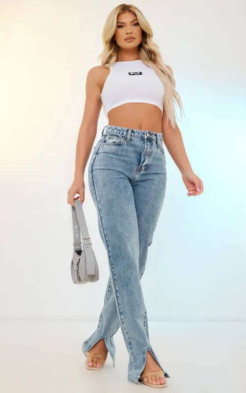 Light Blue Wash Front Split Long Leg Straight Jeans sold by Pretty Little Thing