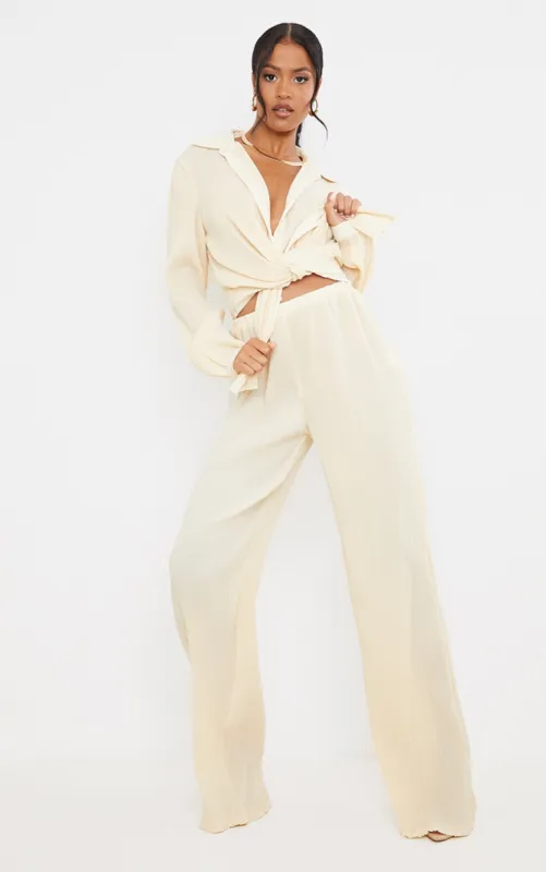 Tall  Cream Plisse Highwaisted Wide Leg Trousers sold by Pretty Little Thing