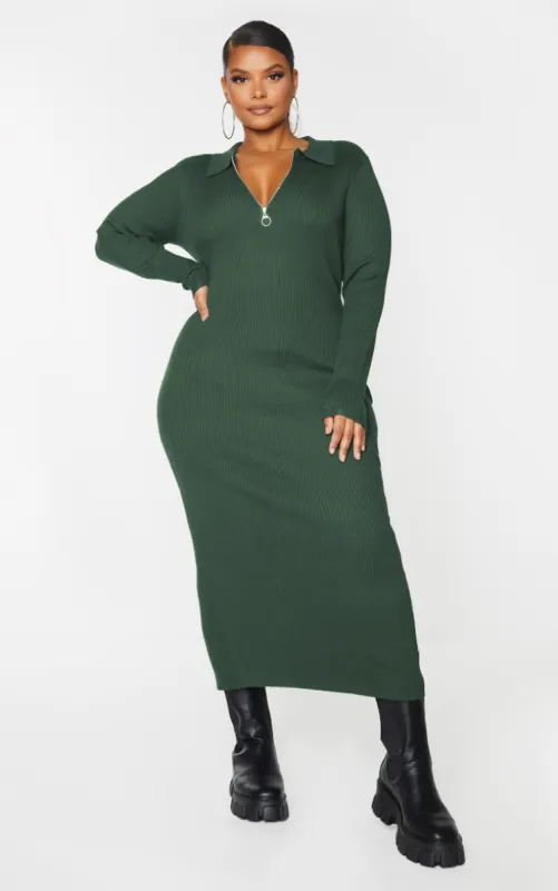 Plus Olive Half Zip Collared Detail Midaxi Dress sold by Pretty Little Thing