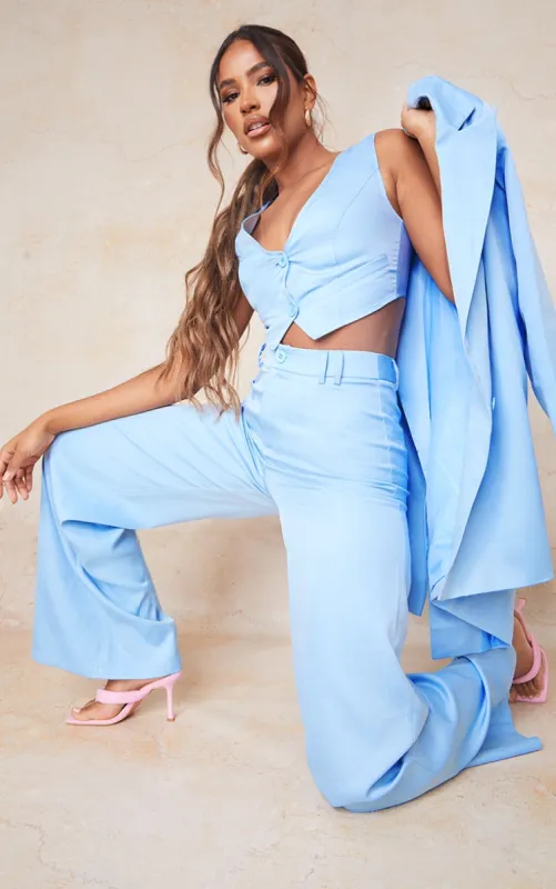 Pastel Blue Woven Belted Back Detail Suit Waistcoat Top sold by Pretty Little Thing