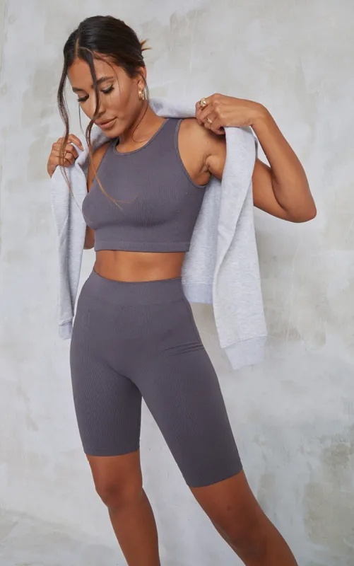 Charcoal Structured Contour Rib Sleeveless Crop Top sold by Pretty Little Thing