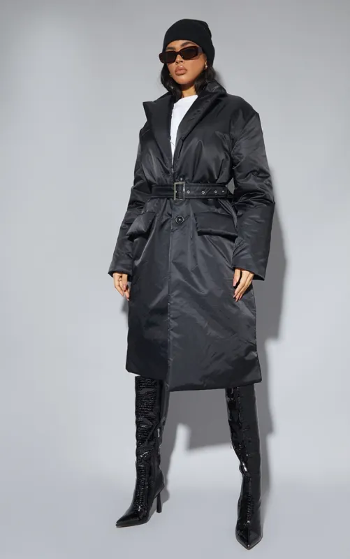 Black Nylon Padded Midi Coat sold by Pretty Little Thing